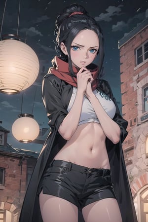 Make an anime girl. very detailed illustration, 8K, black long coat, black shorts, ((The character is wearing a white scarf))), (partially covering the lower part of her face). ((Add eye glasses)), (((which will emphasize her stern look)))). long hair is braided into a ponytail. (((The background is a night city, the character is illuminated by a single lantern))), transparent, Nico Robin.,NicoRobin