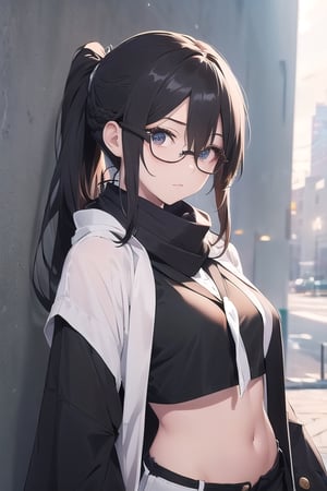 Make an anime girl. very detailed illustration, 8K, black long coat, black shorts, ((The character is wearing a white scarf)), (((partially covering the lower part of her face))). ((Add eye glasses)), (((which will emphasize her stern look))). long hair is braided into a ponytail. 