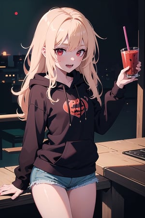 Anime girl, very detailed illustration, 8K.((masterpiece, best quality))). (high quality),(16k),(perfect hand anatomy),masterpiece. (((vampire girl)))) (((long hair black))). red eyes like ruby. wearing a hoodie sweatshirt short shorts. small height 160 cm. vampire teeth. night park. drinking tomato juice through a tube.