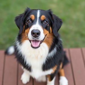 A photograph of a cute border collie sitting on a deck outdoors.