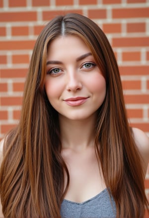 A high-resolution photograph of a beautiful 25-year-old Caucasian woman with light brown hair and green eyes standing in front of a brick wall.