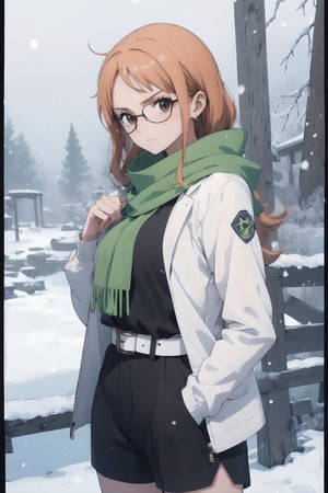 NamiOP, The picture shows a girl wearing a white jacket with a hood and black shorts.  The character wears a green scarf that partially covers the lower part of his face.  There is one white katana on the belt.  The background is filled with snowfall, creating a cold atmosphere.  make an anime girl.  very detailed illustration, 8K.  add cute glasses that highlight her stern look