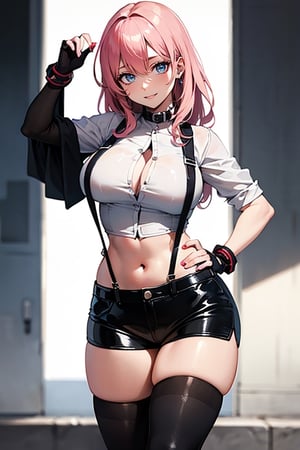 (playing the character Watalidaoli Simca in air gear), 1girl, solo, smile, perfect face, makeup, tongue out, excited face, blushing, no underwear, black panties showing, long pink hair, perfect ass, Sexy suspenders and black stockings, wearing a white Japanese high school student uniform, black collar, fingerless gloves, inline skates with chains on her feet, hands near her hips, goggles on her head, sexy pose, (best quality , masterpiece, realistic, highly detailed)