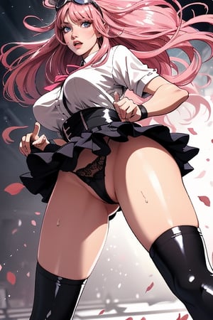 (plays the character Watalidaoli Simca in air gear), 1 girl, solo, smile, perfect face, make-up, stick out tongue, excited face, blush, big breasts, no underwear, black panties exposed, long pink hair, perfect ass, sexy suspender black stockings, wearing white Japanese high school uniform, fingerless gloves, wearing boots, hands near waist, goggles on head, sexy pose, full_body(Best quality, masterpiece, realistic, highly detailed ), 
 ,More Detail,BlackworkStyleManityro, greyscale, monochrome,exposed woman