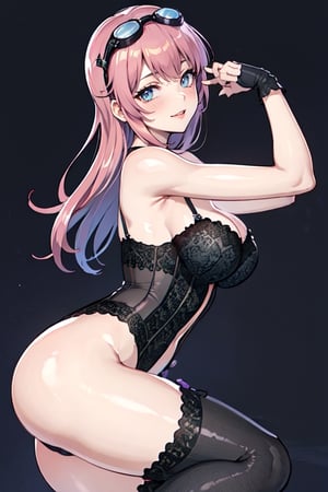 (plays the character Watalidaoli Simca in air gear), 1girl, solo, smile, perfect face, make-up, stick out tongue, excited face, blush, big breasts, no underwear, black panties exposed, long pink hair, perfect ass, sexy suspender black stockings, wearing white Japanese high school uniform, fingerless gloves, wearing boots, hands near waist, goggles on head, sexy pose, (Best quality, masterpiece, realistic, highly detailed ),dolphin shorts,erotic nightwear lingerie,floral print,Btflyhaircut,more detail ,baifernbah,aanj,fishnet leotard, see-through,spread\(vaginal\), long hair,halation_background,black_lingerie_girl