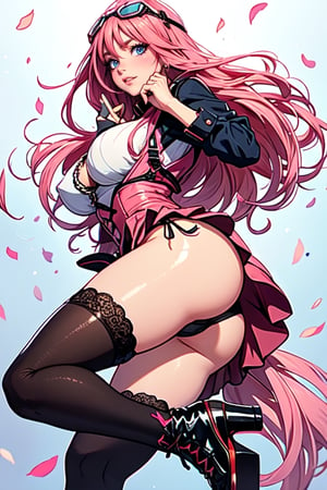 (plays the character Watalidaoli Simca in air gear), 1 girl, solo, smile, perfect face, make-up, stick out tongue, excited face, blush, big breasts, no underwear, black panties exposed, long pink hair, perfect ass, sexy suspender black stockings, wearing white Japanese high school uniform, fingerless gloves, wearing boots, hands near waist, goggles on head, sexy pose, full_body(Best quality, masterpiece, realistic, highly detailed ), 
 ,More Detail