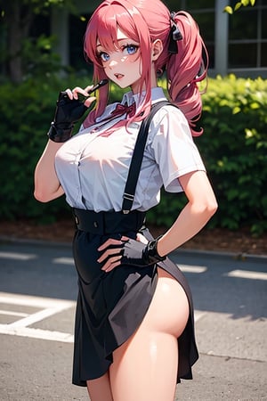 (playing the character Watalidaoli Simca in air gear), 1girl, solo, smile, perfect face, makeup, tongue out, excited face, blushing, no underwear, black panties showing, long pink hair, perfect ass, Sexy suspenders and black stockings, wearing a white Japanese high school student uniform, black collar, fingerless gloves, inline skates with chains on her feet, hands near her hips, goggles on her head, sexy pose, (best quality , masterpiece, realistic, highly detailed),dress,skirt