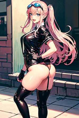 (plays the character simca in air gear), 1girl, solo, smile, perfect face, make-up, petite, sticking out tongue, excited face, blushing, no underwear, showing black panties, long pink hair, showing perfect ass , black stockings with sexy suspenders and gorgeous silver jewelry, white Japanese high school student uniform, black collar, fingerless gloves, inline skates, hands near hips, goggles on head, sexy pose, (best quality , masterpiece, realistic, highly detailed)