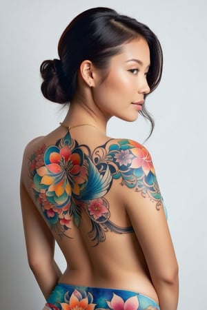 A woman's back is illuminated by soft, warm lighting, highlighting the gentle curve of her spine. Her smooth, lightly tanned skin provides a canvas for vibrant, colorful tattoos that stretch from shoulder to hip. A radiant mandala, bursting with color, anchors the design, surrounded by intricate floral patterns, mythical creatures, and swirling abstract shapes in a harmonious blend of traditional Japanese and modern watercolor styles. Cherry blossoms, koi fish, phoenixes, and geometric patterns dance across her back, creating a stunning visual composition.