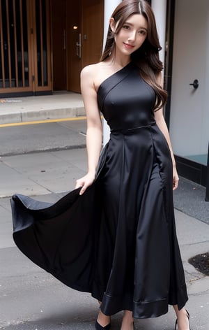 1girl, Lioka, dress, black dress, smile, faint smile line,  dark brown hair, standing , long hair, 