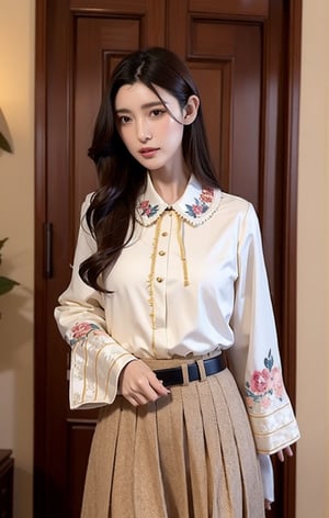 a woman standing indoors next to a wooden door frame. She has a fair complexion, dark straight hair styled neatly with a parting, and dark almond-shaped eyes with defined eyebrows. She is wearing a high-collared, long-sleeved cream blouse with a floral brooch near the collar, and a dark blue skirt with intricate floral embroidery paired with a wide, ornate gold belt. The setting should have natural light coming from the left, highlighting her calm and composed expression, blending traditional and elegant styles,Lioka