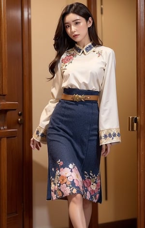 a woman standing indoors next to a wooden door frame. She has a fair complexion, dark straight hair styled neatly with a parting, and dark almond-shaped eyes with defined eyebrows. She is wearing a high-collared, long-sleeved cream blouse with a floral brooch near the collar, and a dark blue skirt with intricate floral embroidery paired with a wide, ornate gold belt. The setting should have natural light coming from the left, highlighting her calm and composed expression, blending traditional and elegant styles,Lioka