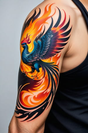 A picture of a man's arm with a vibrant tattoo of a phoenix and fire. The man's arm is muscular and defined, with a medium skin tone. The focal point of the tattoo is a majestic phoenix with outstretched wings, symbolizing rebirth and renewal. The phoenix is surrounded by swirling flames that add a dynamic and fiery element to the design. The tattoo has the style of fani meherzi