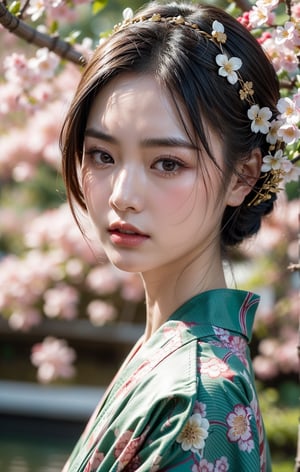 A close-up portrait of an Asian woman wearing a kimono. She has smooth, porcelain-like skin, almond-shaped eyes, and delicate features. Her hair is styled in an intricate updo, adorned with elegant hairpins and kanzashi (hair ornaments). The kimono she wears is elaborately decorated with intricate floral patterns in deep, rich colors like crimson and gold. She has an angry expression, with furrowed brows, narrowed eyes, and a tense jaw. Her lips are slightly pursed, and her expression is intense and fierce. The background is a soft, blurred view of a traditional Japanese garden, with hints of cherry blossoms and greenery, enhancing the focus on the woman and her striking attire.