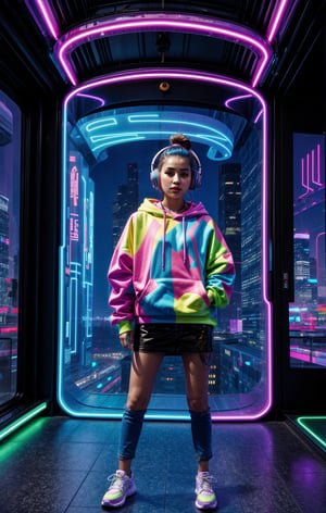 [Subject] A young woman with a distinctive hairstyle wearing a [Clothing] vibrant, oversized hoodie with unique patterns and [Accessories] headphones around her neck, standing in [Environment] a futuristic cityscape with holographic displays and neon lights, conveying [Mood] a sense of adventure and curiosity, illuminated by [Lighting] neon glow, with [Background] skyscrapers with futuristic architecture and flying vehicles in the sky.