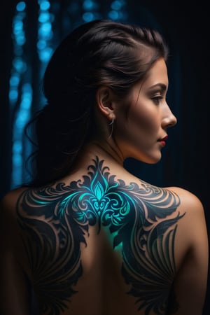 A portrait of a woman's back with a glowing tattoo in the dark. The woman's back is smooth and well-defined, creating a canvas for the glowing tattoo. The tattoo is designed to emit a soft and ethereal light in the dark, highlighting its intricate details and creating a mesmerizing effect. The portrait style focuses on capturing the beauty of the glowing tattoo, with emphasis on the contrast between the glowing elements and the darkness of the background. The overall atmosphere is mysterious and enchanting