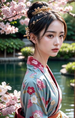 A close-up portrait of an Asian woman wearing a kimono. She has smooth, porcelain-like skin, almond-shaped eyes, and delicate features. Her hair is styled in an intricate updo, adorned with elegant hairpins and kanzashi (hair ornaments). The kimono she wears is elaborately decorated with intricate floral patterns in deep, rich colors like crimson and gold. She has an angry expression, with furrowed brows, narrowed eyes, and a tense jaw. Her lips are slightly pursed, and her expression is intense and fierce. The background is a soft, blurred view of a traditional Japanese garden, with hints of cherry blossoms and greenery, enhancing the focus on the woman and her striking attire.