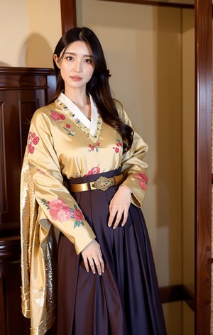 a mature Japanese woman (Lioka) standing indoors next to a wooden door frame. She has a fair complexion, dark straight hair styled neatly with a parting, and dark almond-shaped eyes with defined eyebrows. She is wearing a high-collared, long-sleeved cream blouse with a floral brooch near the collar, and a dark blue skirt with intricate floral embroidery paired with a wide, ornate gold belt. The setting should have natural light coming from the left, highlighting her calm and composed expression, blending traditional and elegant styles,Lioka