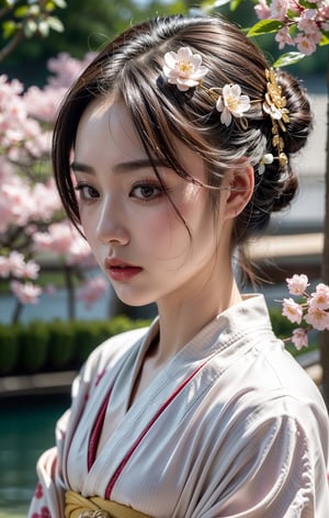 A close-up portrait of an Asian woman wearing a kimono. She has smooth, porcelain-like skin, almond-shaped eyes, and delicate features. Her hair is styled in an intricate updo, adorned with elegant hairpins and kanzashi (hair ornaments). The kimono she wears is elaborately decorated with intricate floral patterns in deep, rich colors like crimson and gold. She has an angry expression, with furrowed brows, narrowed eyes, and a tense jaw. Her lips are slightly pursed, and her expression is intense and fierce. The background is a soft, blurred view of a traditional Japanese garden, with hints of cherry blossoms and greenery, enhancing the focus on the woman and her striking attire.