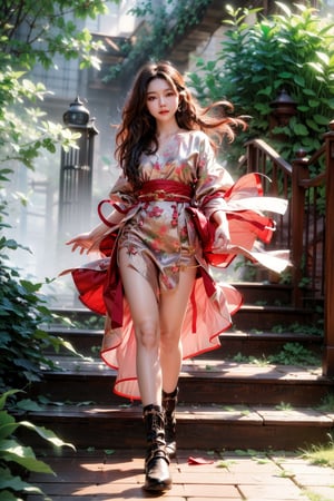 In the midst of a foggy woods, a young girl stands languidly apart, her petite frame (1.4m) and beautiful girly body proportions evident beneath her flowing attire. Her very long hair is blown by the wind, with tendrils escaping her low-cut sheer kimono to dance in the misty air. Boots adorn her ankles, adding a touch of rugged charm to her ethereal ensemble.