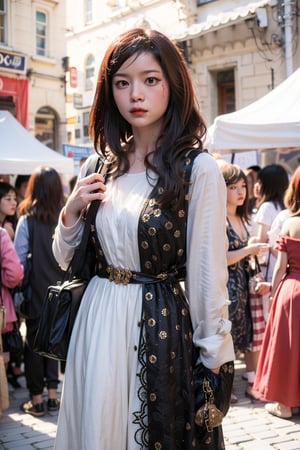 A medieval girl in traditional dress, in a town square, festival, medieval bacchanalia, tents, vendors, mysterious medieval, masterpiece,High detailed,watercolor, ,ukrainian dress