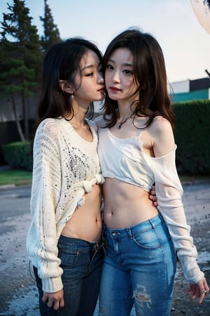  (((2girls kissing))),masterpiece, top quality, best quality, beautiful and aesthetic, (from front:1.5),standing,smiling,cowboy shot, watercolor, (soft focus:2.0), looking at viewer, BREAK,(daydream:1.2), best lighting, bokeh, lens flare, //Fashions (Outfits with a lot of exposed skin:1.5), (The navel is visible:1.5), Casual Tuxedo Penguin-inspired Outfit, Top, Black and white color-blocked sweater, with a white front panel resembling a penguin’s belly and a black back and sleeves, Bottoms, High-waisted black skinny jeans with white piping down the sides, Details, A small black bow tie at the collar for a playful tuxedo touch, BREAK Accessories, White beanie with black pom-pom, black crossbody bag with white accents, and black and white penguin-themed earrings, Footwear, Black ankle boots with white laces, Hair and Makeup, Loose waves for a relaxed vibe, natural makeup with a pop of coral on the lips, and a hint of highlighter on the cheeks, BREAK 1 girl, most beautiful korean girl, Korean beauty model, idol face, gorgeous girl, an extremely cute and beautiful girl, highly detailed beautiful face and eyes, over sized eyes, big eyes, smiling, 18y