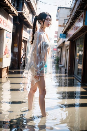 (over sized eyes),Generate hyper realistic image of A girl wearing a raincoat is standing on a flooded street with water up to her knees. Her white hair is styled in a chic ponytail, drawing attention to her striking profile and luscious lips, while dangling earrings catch the light.