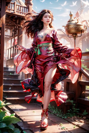 In the midst of a foggy woods, a young girl stands languidly apart, her petite frame (1.4m) and beautiful girly body proportions evident beneath her flowing attire. Her very long hair is blown by the wind, with tendrils escaping her low-cut sheer kimono to dance in the misty air. Boots adorn her ankles, adding a touch of rugged charm to her ethereal ensemble.