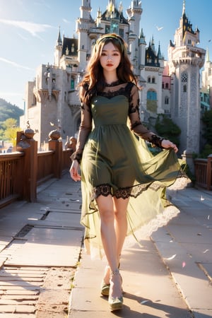 One girl  ,glasses, slightly smile ,(wearing olive lace dress and hairband:1.5),over sized eyes, drawn action: (the girl must be catwalking around Schloss Neuschwanstein:1.4),(The wind blows her long hair:1.4), full body shot,perfect lighting ,perfect shadow ,HDR,white skin,1 girl ,solo,beauty,girl,shirt_lift