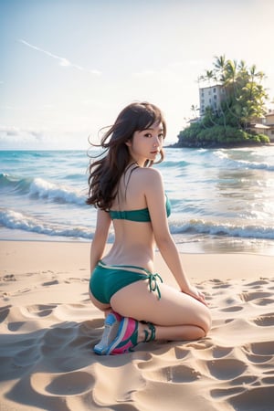 (over sized eyes),One girl ,(skinny and tiny :1.4),short,slightly smile ,(wear  jewelry bikini and sneakers:1.3) , (both  hands behind back:1.4), drawn action: (the girl must be kneeling with legs wide apart at the Hawaii beach:1.4),(The wind blows her long hair:1.4), full body shot,cinema light ,HDR,white skin,1 girl ,solo,beauty,girl,