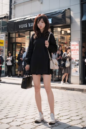 1girl, solo, long hair, black hair, dress, standing, full body, shoes, bag,louis vuitton bag, white footwear, sneakers, photo background,Perfect lips