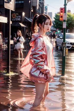 (over sized eyes),Generate hyper realistic image of A girl wearing a raincoat is standing on a flooded street with water up to her knees. Her white hair is styled in a chic ponytail, drawing attention to her striking profile and luscious lips, while dangling earrings catch the light.