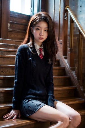 high school student,girl,school uniform,sitting on stair,Best Quality, 32k, photorealistic, ultra-detailed, finely detailed, high resolution, perfect dynamic composition, beautiful detailed eyes, sharp-focus, cowboy_shot, 