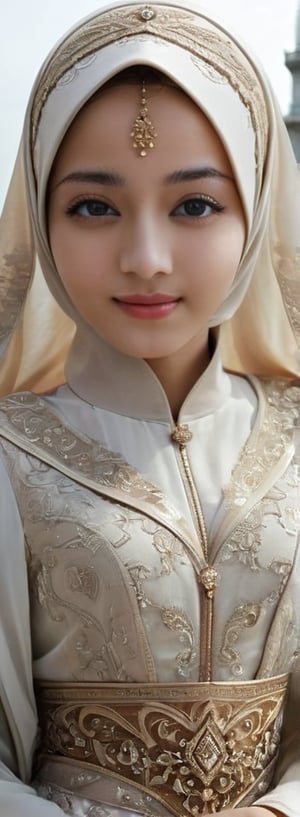 1 girl, pretty, her face like an angel, sweet smile, moslem clothes, hijab, korean, palestinian turban, veil, islamic dress, closed clothing, long dress, cloak, (Best Quality:1.4), (Ultra-detailed), (Detailed light), (beautiful face),  various camera angles, Amazing face and eyes, high heels,  extremely detailed CG unified 8k wallpaper, High-definition raw color photos, professional photograpy, dynamic lighting, depth of fields, full body view, outdoor, mosque, more detail XL, dilraba,Beautiful eyes girl
