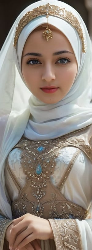 1 girl, pretty, her face like an angel, moslem clothes, hijab, arabian, palestinian turban, veil, islamic dress, closed clothing, long dress, cloak, (Best Quality:1.4), (Ultra-detailed), (Detailed light), (beautiful face),  Amazing face and eyes, high heels,  extremely detailed CG unified 8k wallpaper, High-definition raw color photos, professional photograpy, dynamic lighting, depth of fields, full body view, outdoor, mosque, more detail XL, dilraba,