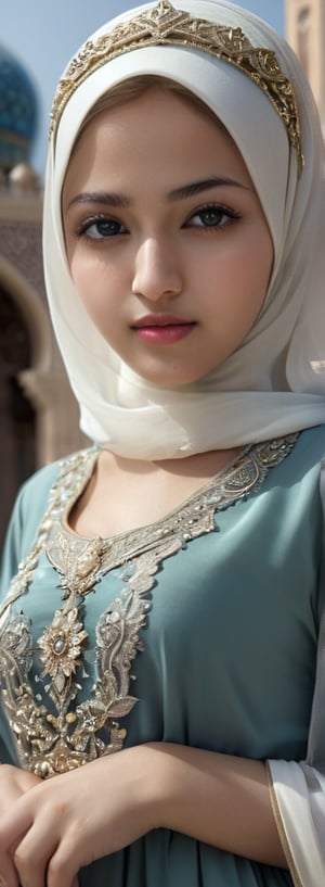 1 girl, pretty, her face like an angel, moslem clothes, hijab, korean, palestinian turban, veil, islamic dress, closed clothing, long dress, cloak, (Best Quality:1.4), (Ultra-detailed), (Detailed light), (beautiful face),  Amazing face and eyes, high heels,  extremely detailed CG unified 8k wallpaper, High-definition raw color photos, professional photograpy, dynamic lighting, depth of fields, full body view, outdoor, mosque, more detail XL, dilraba,Beautiful eyes girl