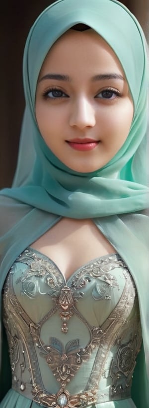 1 girl, pretty, her face like an angel, sweet smile, moslem clothes, hijab, veil, islamic dress, closed clothing, long dress, cloak, (Best Quality:1.4), (Ultra-detailed), (Detailed light), (beautiful face),  various camera angles, Amazing face and eyes, high heels,  extremely detailed CG unified 8k wallpaper, High-definition raw color photos, professional photograpy, dynamic lighting, depth of fields, full body view, outdoor, mosque, more detail XL, dilraba,Beautiful eyes girl
