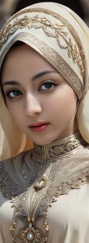 1 girl, pretty, moslem clothes, hijab, palestinian turban, veil, islamic dress, closed clothing, long dress, cloak, (Best Quality:1.4), (Ultra-detailed), (Detailed light), (beautiful face),  Amazing face and eyes, high heels,  extremely detailed CG unified 8k wallpaper, High-definition raw color photos, professional photograpy, dynamic lighting, depth of fields, full body view, outdoor, mosque, more detail XL, dilraba,