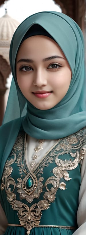 1 girl, pretty smile, her face like an angel, moslem clothes, hijab, korean, palestinian turban, veil, islamic dress, closed clothing, long dress, cloak, (Best Quality:1.4), (Ultra-detailed), (Detailed light), (beautiful face),  Amazing face and eyes, high heels,  extremely detailed CG unified 8k wallpaper, High-definition raw color photos, professional photograpy, dynamic lighting, depth of fields, full body view, outdoor, mosque, more detail XL, dilraba,Beautiful eyes girl