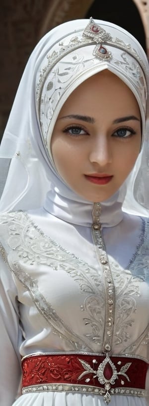 1 girl, pretty, moslem clothes, hijab, palestinian turban, veil, islamic dress, closed clothing, long dress, red and white, (Best Quality:1.4), (Ultra-detailed), (Detailed light), (beautiful face),  Amazing face and eyes, high heels,  extremely detailed CG unified 8k wallpaper, High-definition raw color photos, professional photograpy, dynamic lighting, depth of fields, full body view, outdoor, mosque, more detail XL, dilraba,