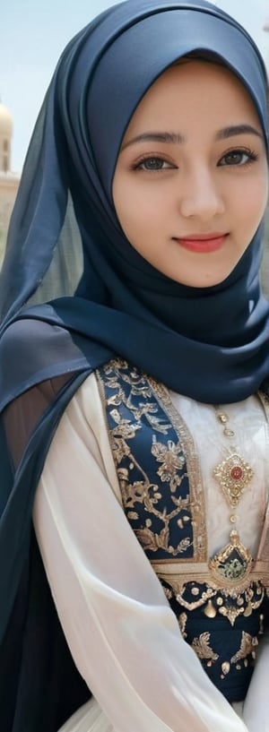 1 girl, pretty, her face like an angel, sweet smile, moslem clothes, hijab, korean, palestinian turban, veil, islamic dress, closed clothing, long dress, cloak, (Best Quality:1.4), (Ultra-detailed), (Detailed light), (beautiful face),  various camera angles, Amazing face and eyes, high heels,  extremely detailed CG unified 8k wallpaper, High-definition raw color photos, professional photograpy, dynamic lighting, depth of fields, full body view, outdoor, mosque, more detail XL, dilraba,Beautiful eyes girl