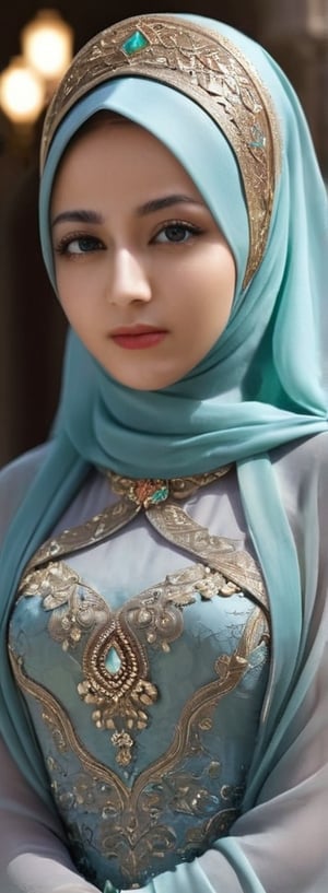 1 girl, pretty, her face like an angel, moslem clothes, hijab, arabian, palestinian turban, veil, islamic dress, closed clothing, long dress, cloak, (Best Quality:1.4), (Ultra-detailed), (Detailed light), (beautiful face),  Amazing face and eyes, high heels,  extremely detailed CG unified 8k wallpaper, High-definition raw color photos, professional photograpy, dynamic lighting, depth of fields, full body view, outdoor, mosque, more detail XL, dilraba,