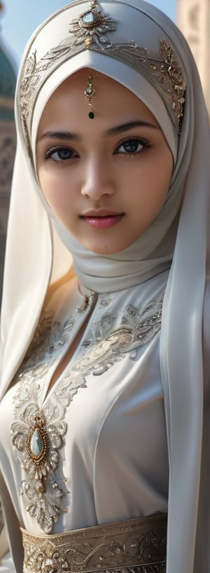 1 girl, pretty, her face like an angel, moslem clothes, hijab, korean, palestinian turban, veil, islamic dress, closed clothing, long dress, cloak, (Best Quality:1.4), (Ultra-detailed), (Detailed light), (beautiful face),  Amazing face and eyes, high heels,  extremely detailed CG unified 8k wallpaper, High-definition raw color photos, professional photograpy, dynamic lighting, depth of fields, full body view, outdoor, mosque, more detail XL, dilraba,Beautiful eyes girl