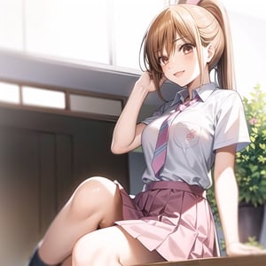 (masterpiece:1.3),best quality, (sharp quality), 
brown hair, ponytail hairstyle(Light pink hair tie),  brown eyes, solo (full body),big breasts, legs,
school uniform, wFhite short shirt, short sleeves, pleated skirt, necktie,canvas shoes,light blue background pink stripe tie, Black pleated miniskirt,
 floral design,beautiful day,  Hair fluttering, sunlight,chihaya_ayase,
looking back at viewer, smile, outdoors, park