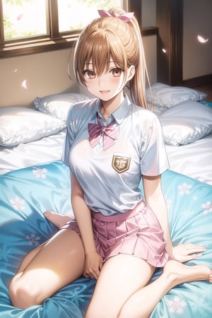 (masterpiece:1.3),best quality, (sharp quality), brown hair, ponytail hairstyle(Light pink hair tie),  brown eyes, solo(full body),big breasts, Beautiful white student uniform ( White top, light blue underwear, light blue bow tie, short skirt, short sleeves), floral design,beautiful day, on the bed in the room, Japanese tea,Hair fluttering, sunlight, cherry blossom petals fluttering,chihaya_ayase,legs,shy smile,character sheet