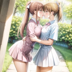 (masterpiece:1.3),best quality, (sharp quality), brown hair, ponytail hairstyle(Light pink hair tie),  brown eyes, solo , full_body,big breasts, Beautiful white student uniform ( White top, light blue bow tie, short skirt, short sleeves), floral design,beautiful day,  Japanese tea,Hair fluttering, sunlight,chihaya_ayase,legs,shy smile,  street,  two girls, twins, embrace, kiss, same clothes
