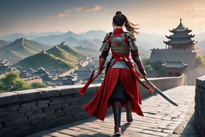 Best quality, illustration, super detailed, fine, high resolution, 8k wallpaper, perfect dynamic composition, red Chinese_armor, Women's armor,a 20 year old chinese girl, Women's armor, female warrior,helmet, running forward on the city wall, carrying a long sword forward, （back to the camera）, with mountains in front and in the middle The plain is on fire and smoke is billowing