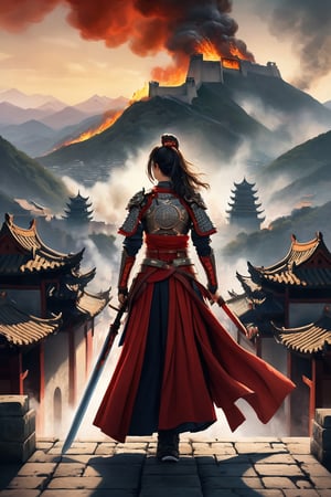Best quality, illustration, super detailed, fine, high resolution, 8k wallpaper, perfect dynamic composition, female warrior, standing on the city wall with sword in hand, back to camera, mountains in front and plain on fire in the middle, thick smoke billowing,red_Chinese_armor