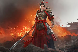 Best quality, illustration, super detailed, fine, high resolution, movie scene, 8k wallpaper, perfect dynamic composition, red Chinese_armor, female warrior,helmet, detailed facial features, beautiful eyes, detailed lips, detailed facial features,realistic, crouching on the battlefield, holding a sword, （back to the camera）, with ruins in front and plain on fire in the middle, chinese girls,gloomy