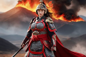 Best quality, illustration, super detailed, fine, high resolution, 8k wallpaper, perfect dynamic composition, red Chinese_armor, female warrior,helmet, standing on the battlefield, carrying a sword forward, （back to the camera）, with mountains in front and in the middle The plain is on fire and smoke is billowing
